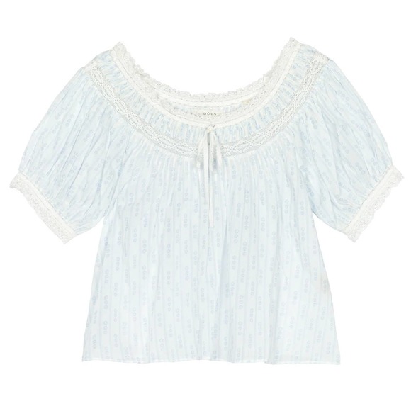 DOEN Misty Top White Blue Floral Lace Trim Cotton Blouse - Picture 4 of 10